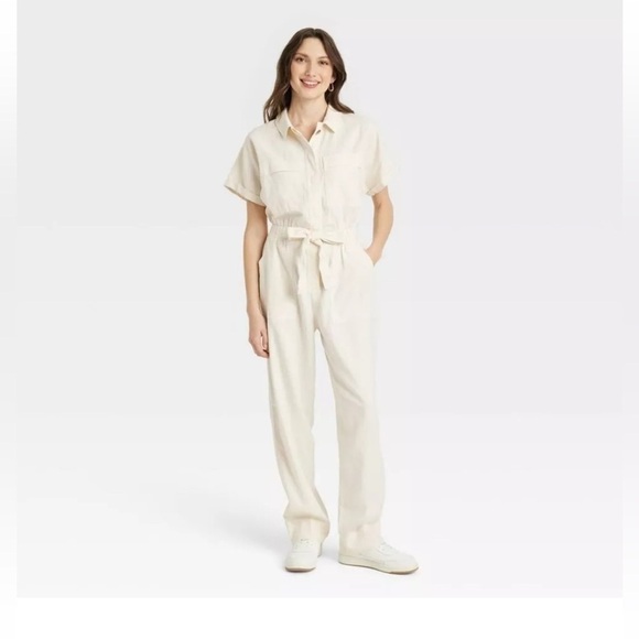 Universal Thread Pants - Universal Thread Women's Short Sleeve Linen Boilersuit Casual Jumpsuit Size 8